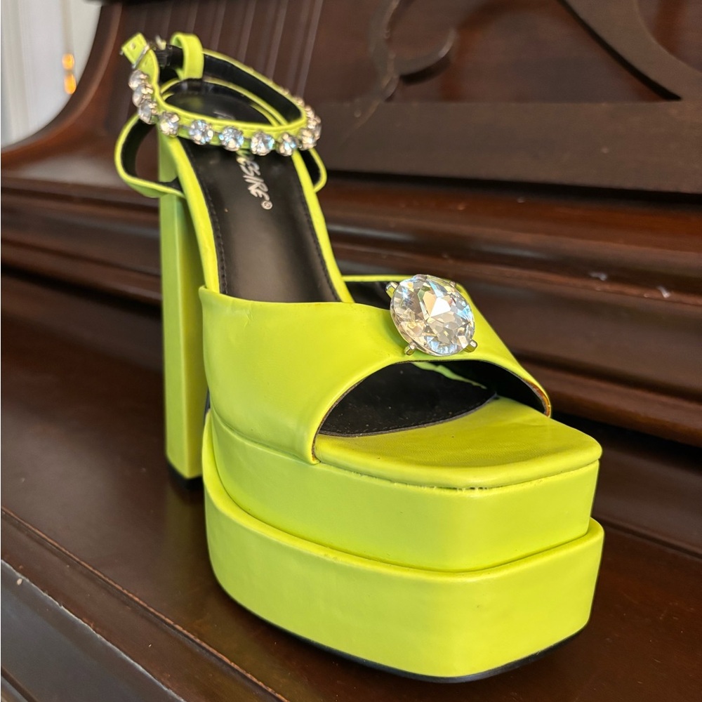 Public Desire Neon Green Platform Heels with Crystal Embellishments